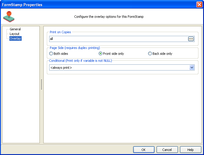 The form stamp properties dialog. Overlay is selected from the tree on the left. On the right, you can choose which copies to print the overlay on and set the print condition. If you are using duplex printing, you can set the side of the page on which the overlay can print. You can also choose to have it print on both sides of the page.